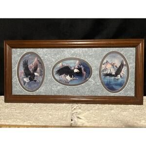 Vintage Bald Eagle Mountain Triptych Framed Art 21.5x9.5 Rustic Decor